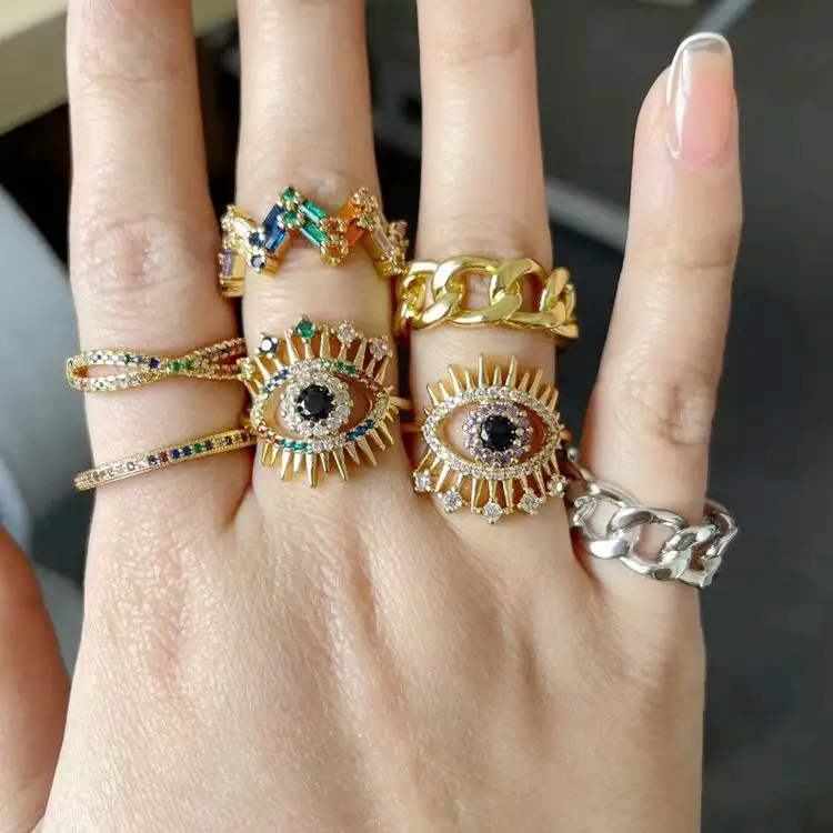 Wholesale Gold Plated Iced Out Cubic Zirconia Evil Eyes Adjustable Rings For Women Rainbow Colour Crystal Rings