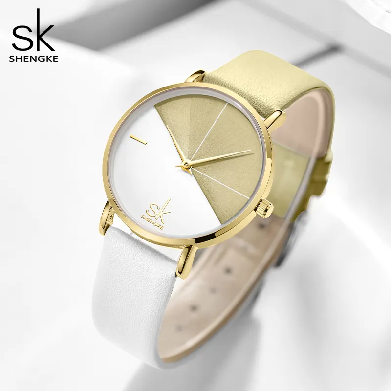 Цифровые и аналоговые женские часы SHENGKE K0095L с кожаным ремешком, женские спортивные часы с секундомером, оригинальные