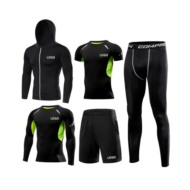 Оптовая продажа, мужские спортивные комплекты одежды из 5 предметов для спортзала, компрессионная Спортивная одежда для тренировок, комплект спортивной одежды для спортзала