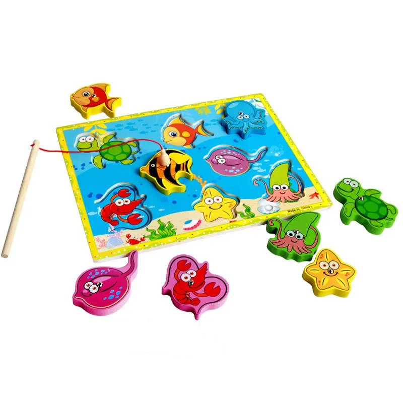 Children's wooden simulation magnetic fishing toy parent-child interactive puzzle game ocean fishing toy