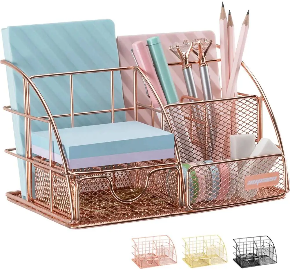 Rose Gold Desk Organizer With Drawer For Home And Office Desktop Organization