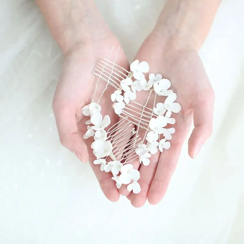 Белые керамические цветы, свадебные аксессуары, Шпилька для волос, женские свадебные гребни ручной работы, металлическая вилка для волос