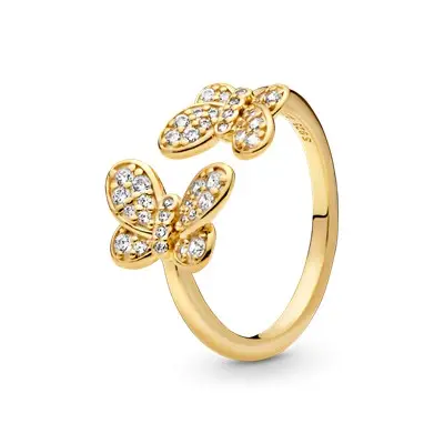 925 Sterling Silver CZ Butterfly Open Ring Gold Clear Cubic Zirconia Adjustable Rings Fit Pando Jewelry For Women