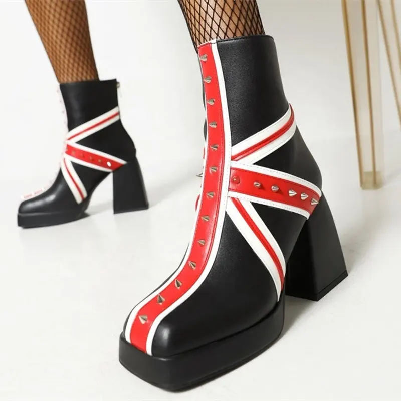 British Style Rivet Decor Women's Ankle Boots Platform Square Toe High Chunky Heel Booty Winter Big Size Fashion 43