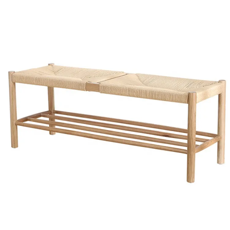 New design modern oak solid wood storage footstool rattan bench with shoe rack