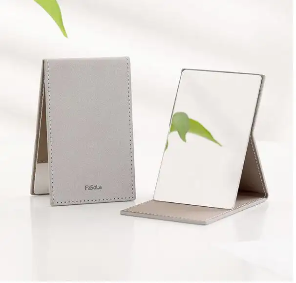 stainless steel pu leather pocket folding mirror hand held OEM , small table standing portable mirror rectangle for giveaway