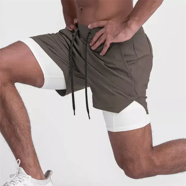 Быстросохнущие мужские шорты 2 в 1 для тренировок и бега с карманом для телефона