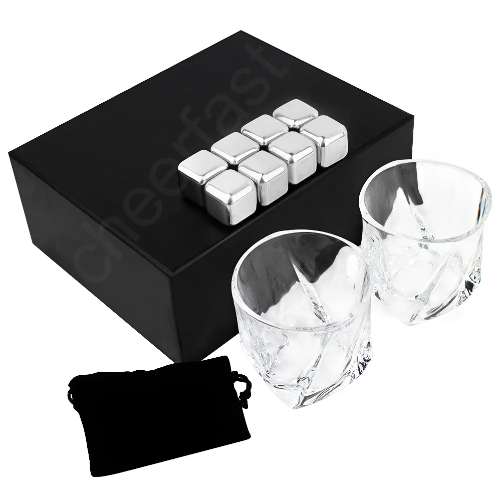 Newest Design Stainless Steel Whiskey Cooling Ice Cube Stones Chilling 6 Piece Metal Silver Whiskey Stone Set With 2 Glasses