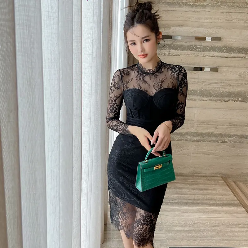 ZYHT 9456 High Quality Black Floral Lace Bodycon Tight Long Sleeve Sexy Sheer Corset Dress For Women