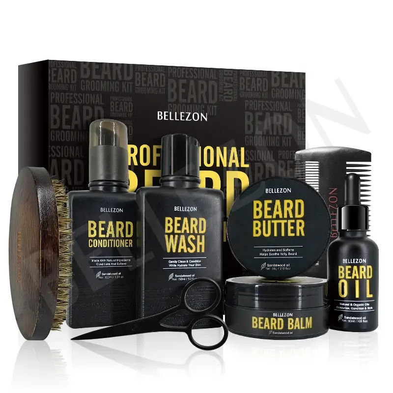 Оптовая продажа, мужской набор для ухода за бородой luxдыма OEM с масляным бальзамом для бороды, щетка-кондиционер для масла
