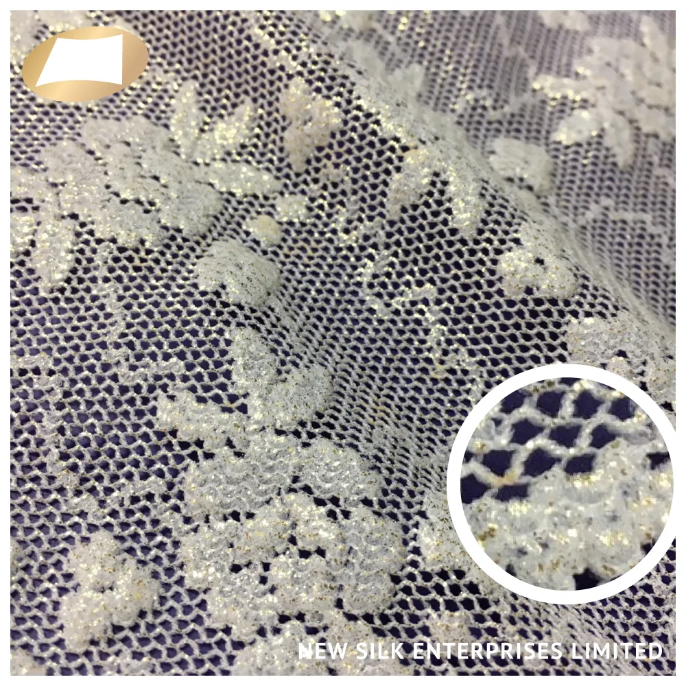 White elegant 100% nylon jacquard lace gold foil fabric for lingerie