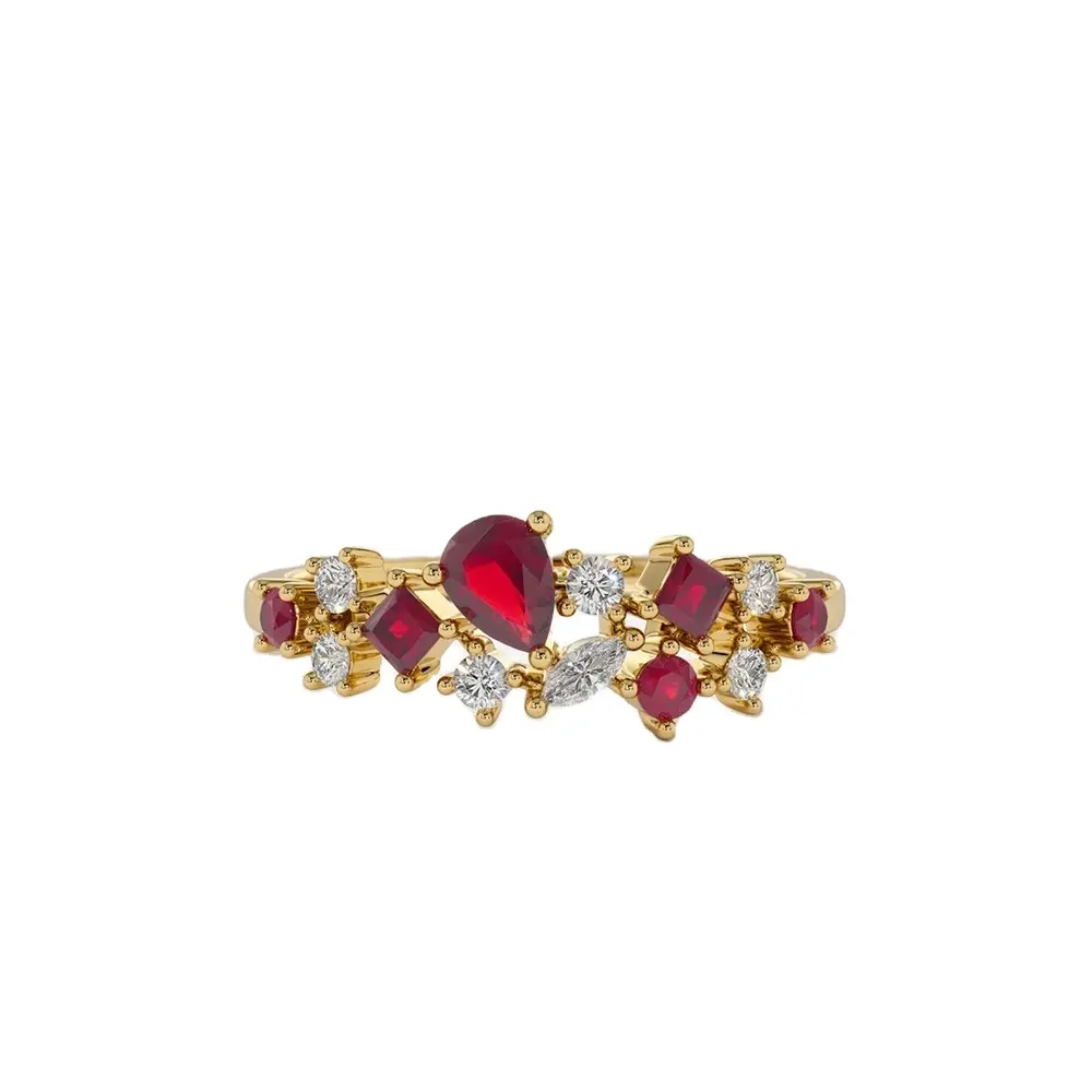 Gemstone Engagement Women Ring 14k 18K Gold Ruby and Diamond Mixed Shape Cluster Ring