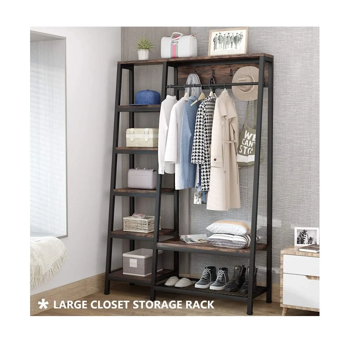 Modern Adjustable Vintage Brown Metal Frame Freestanding Closet Organizer Clothes Rack With Coat Rack