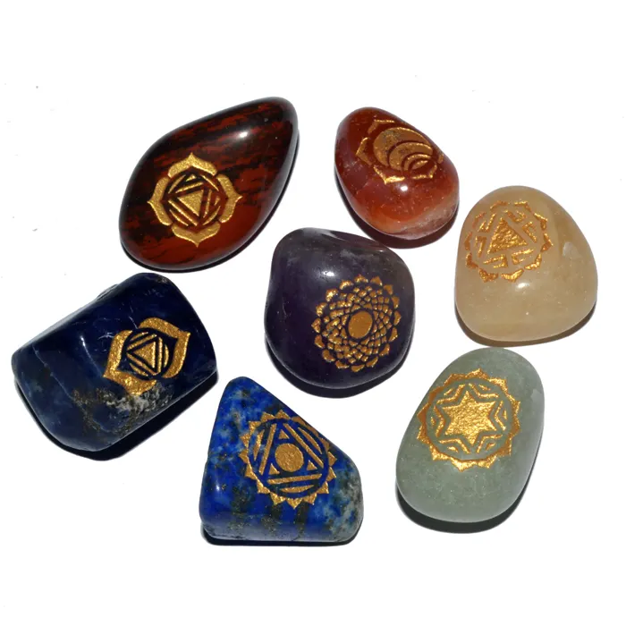 indian irregular Engraved Stones Chakra Sets Tumbled Stones Crystal Energy Healing 7 Chakra Set Stones