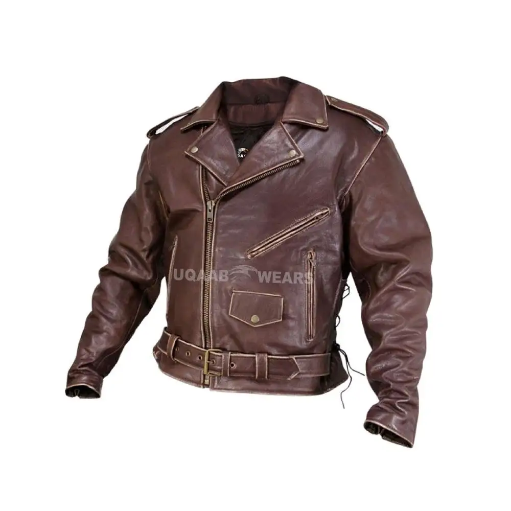 MENS BIKER CLASSIC BROWN MOTORCYCLE DISTRESSED VINTAGE LEATHER JACKET CASUAL GENUINE REAL LEATHER MOTORBIKE FASHION JACKET OEM