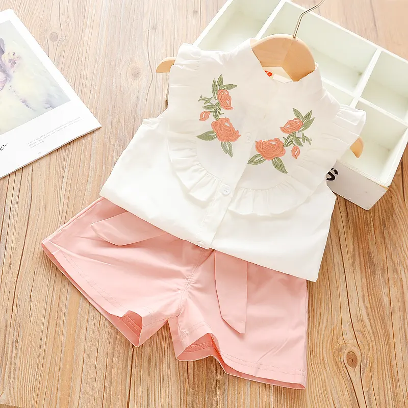Yiwu/одежда для девочек; Оптовая продажа; Хлопковая рубашка с вышивкой и рукавами-крылышками; Удобная дышащая женская одежда для детей 2 лет; ol