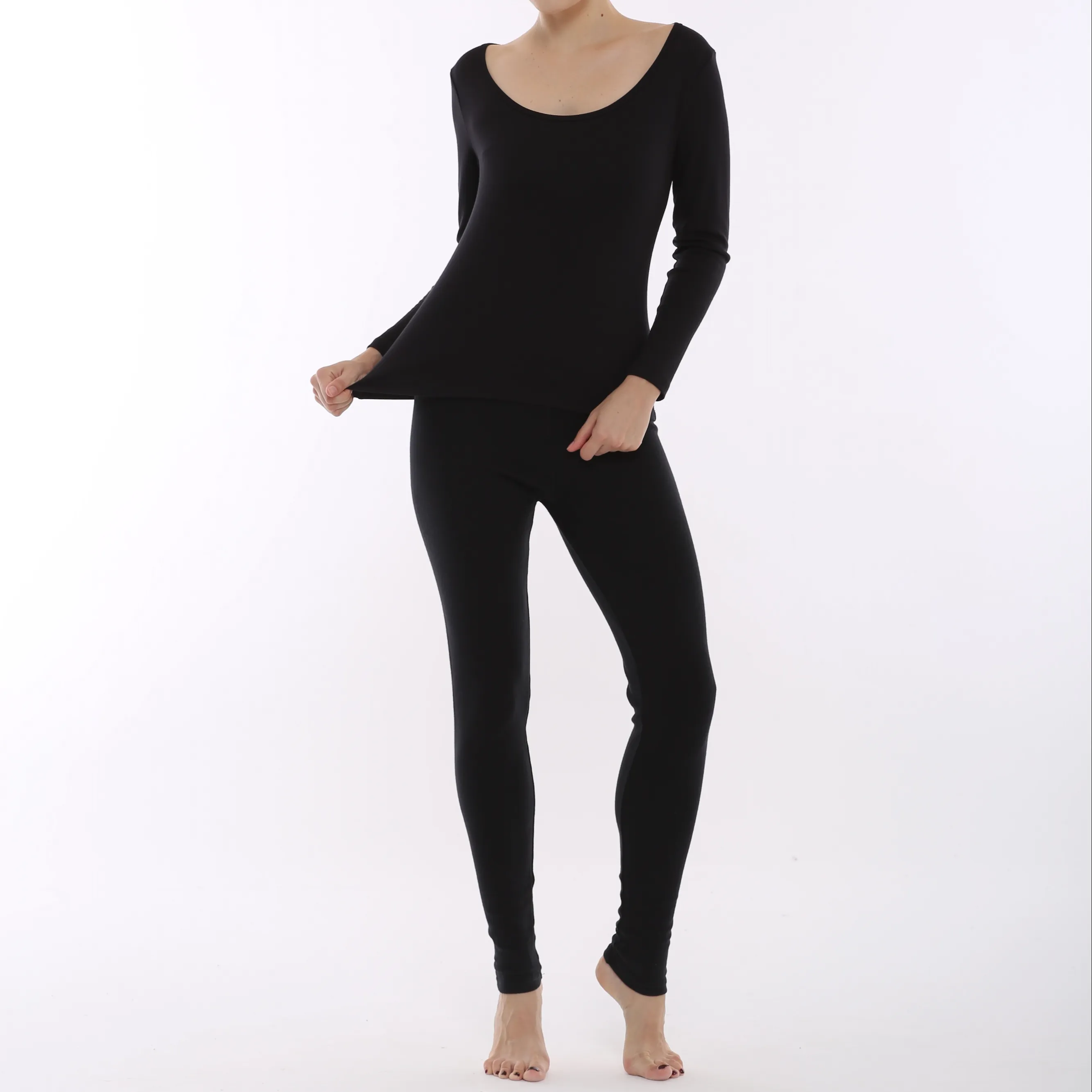 Fashion Soft Cozy Long Sleeve Shirts Underwear Set Lingerie Long Johns Set Women RC Fiber & Spandex Black