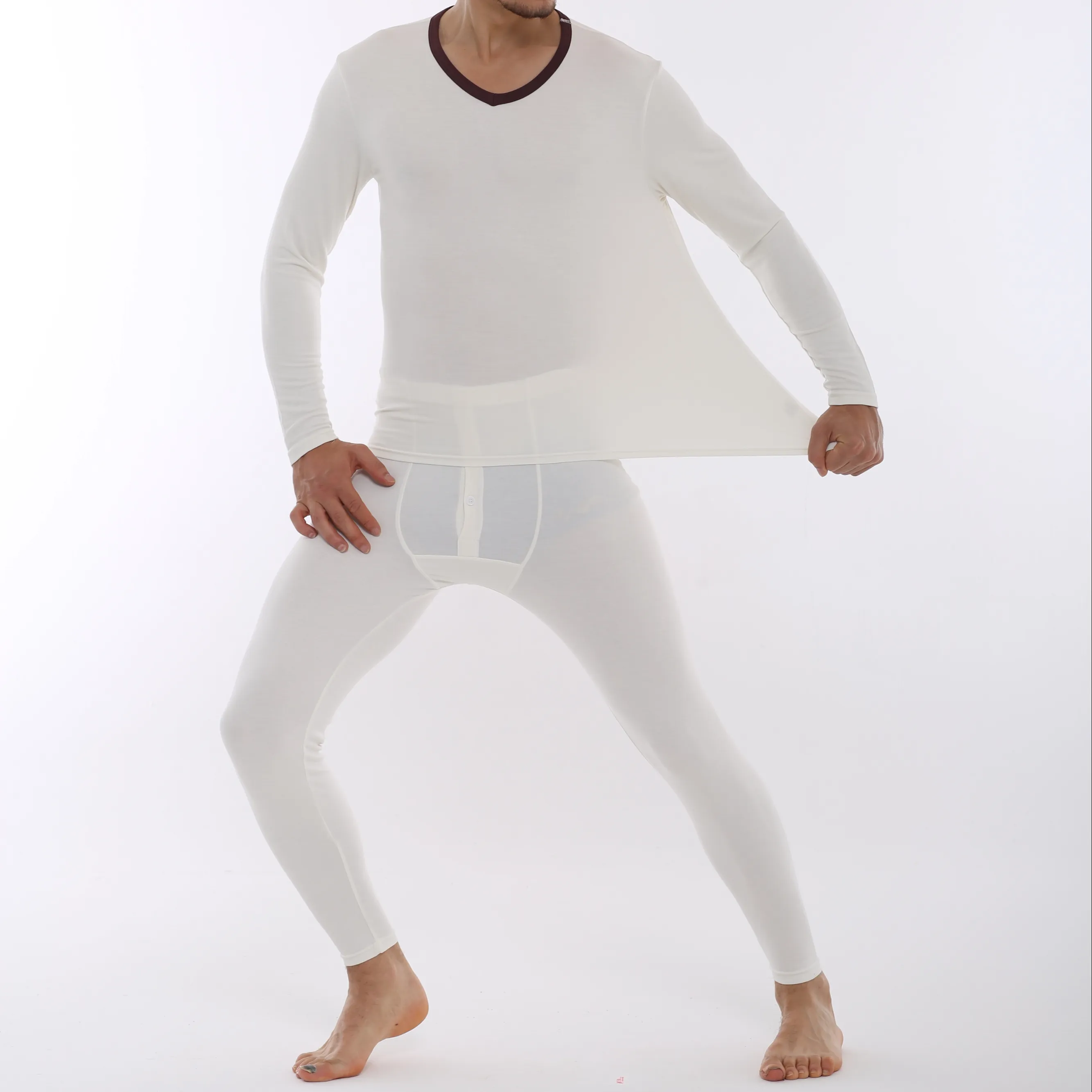 Modal Contrast Color Thermal Long Sleeve Shirts Underwear Set Lingerie Set V-neck Men White & Brown