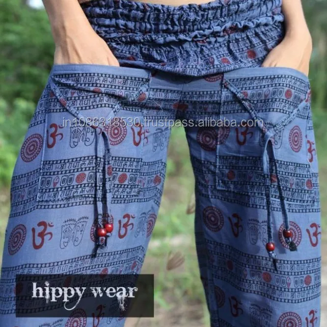 OM Harem Gypsy Aladdin Pants Secret Santa Om Aum Blue Yoga Cotton Boho pant Gypsy Hippie Baggy Pants Afghani Unisex Ali Baba