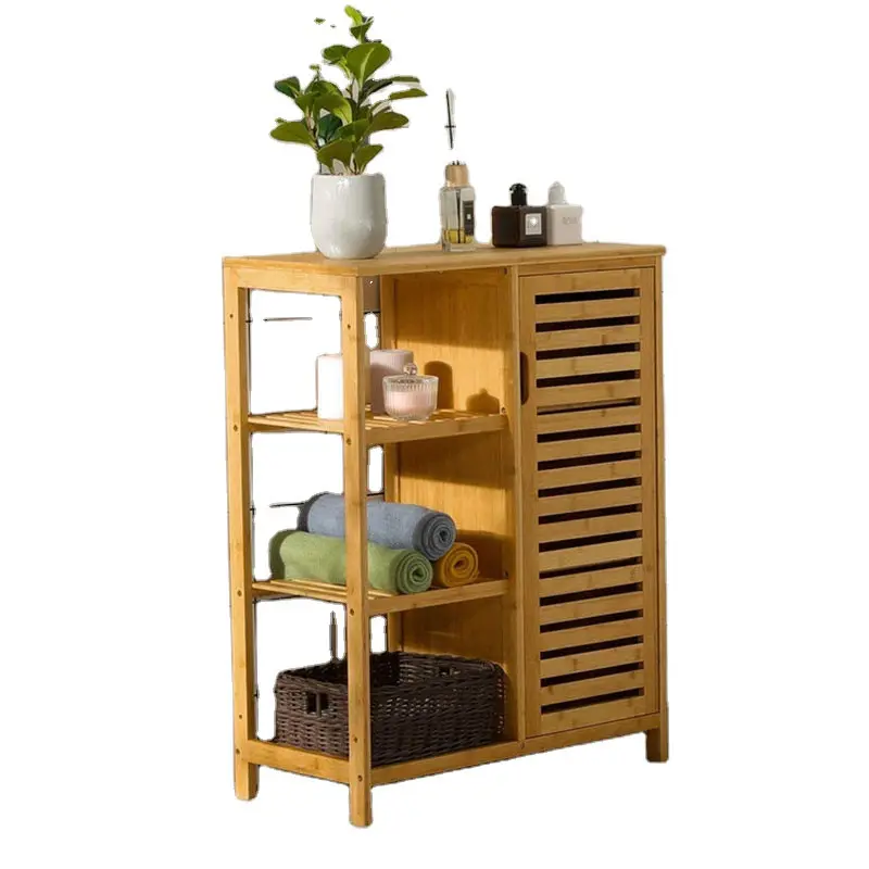 Multipurpose Storage Cabinet Cupboard With Louvered Doors Open Shelves Floor Cabinet Bathroom Bamboo Storage Cabinet