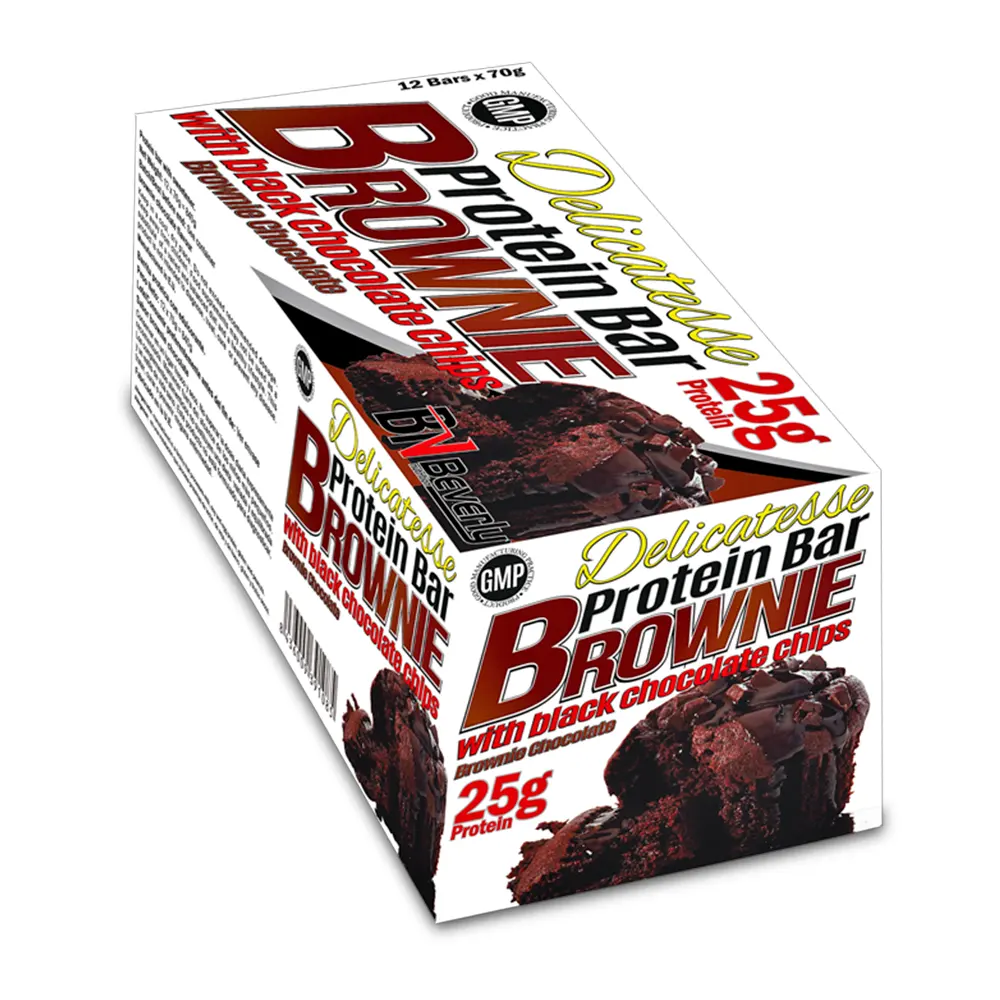 Protein Brownie Bar 70 gr. - 25 gr protein per bar. Display with 12 bars. Beverly Nutrition