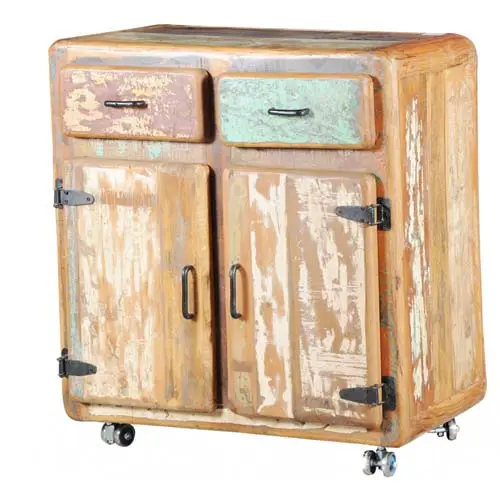Деревенский промышленный твердый Восстановленный старинный деревянный и Железный 2 двери и 2 ящика Шкаф для хранения с колесами