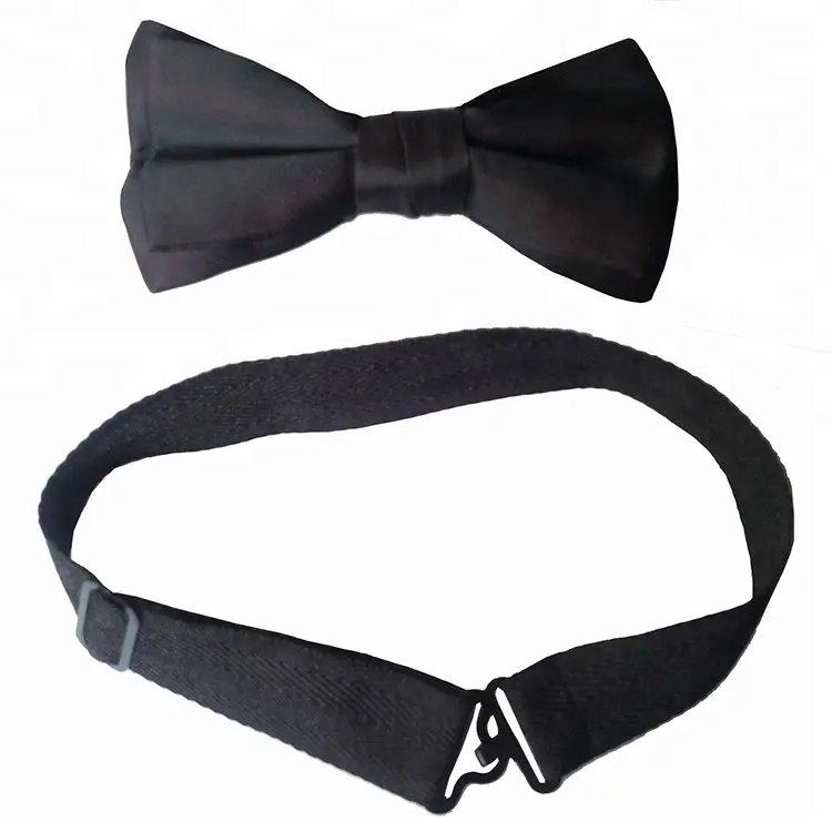 High Quality Suppliers Stretchable Polyester Woven Adjustable Solid Black Mens Rubber Elastic Bow Tie Straps