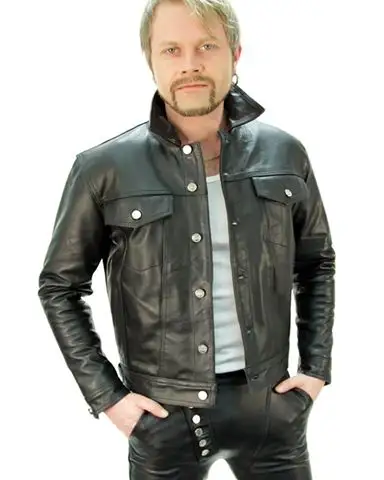 Short length leather jacket with buttons