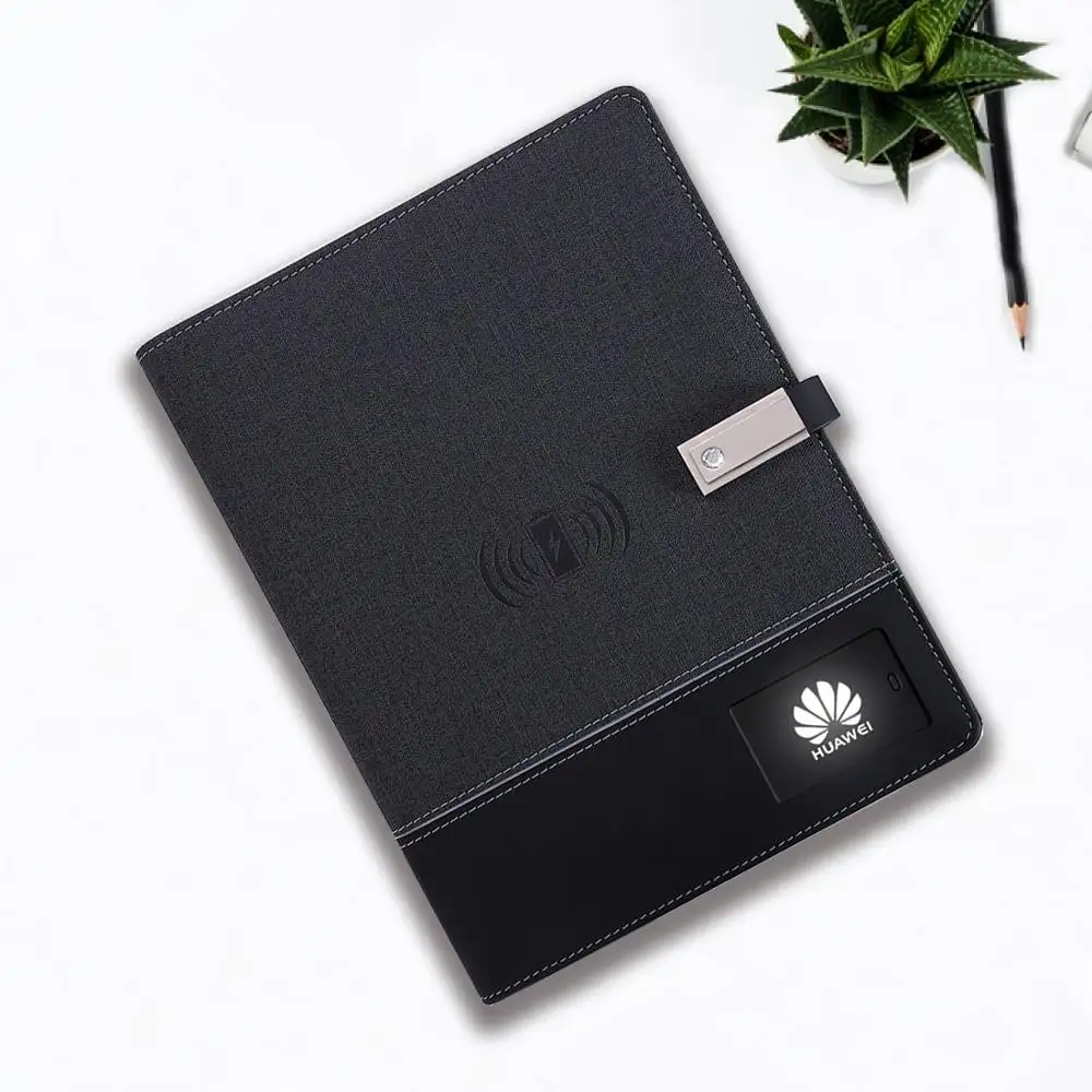 2020 Wholesale A5 Promotion Wireless PowerBank diary with 8GB USB Flash Drive LED Light Logo PU Leather Power bank Notebook