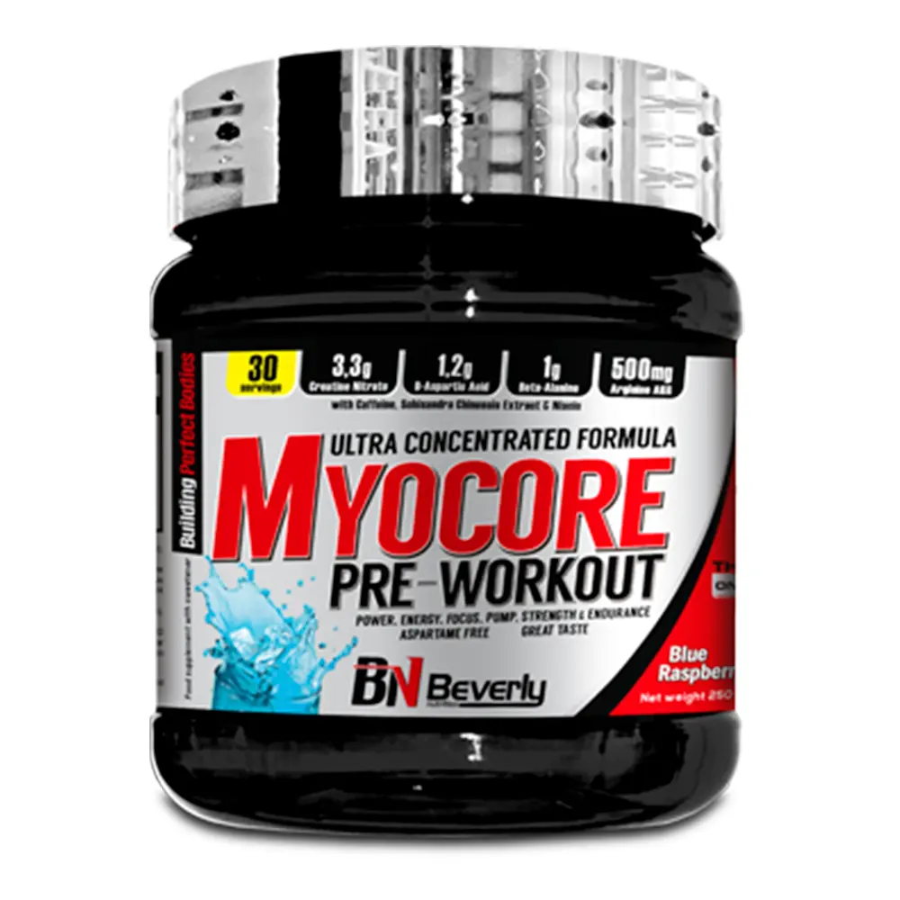 Pre Workout Myocore Beverly Nutrition. Bottle with 250 gr. Tropical Flavor. Available for private brand