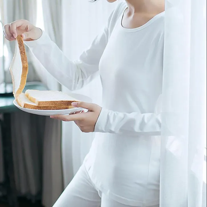 Women Autumn Pure Cotton Cozy Soft Long Johns Loungewear Sleepwear Sets with Long Sleeve Shirt and Pants White