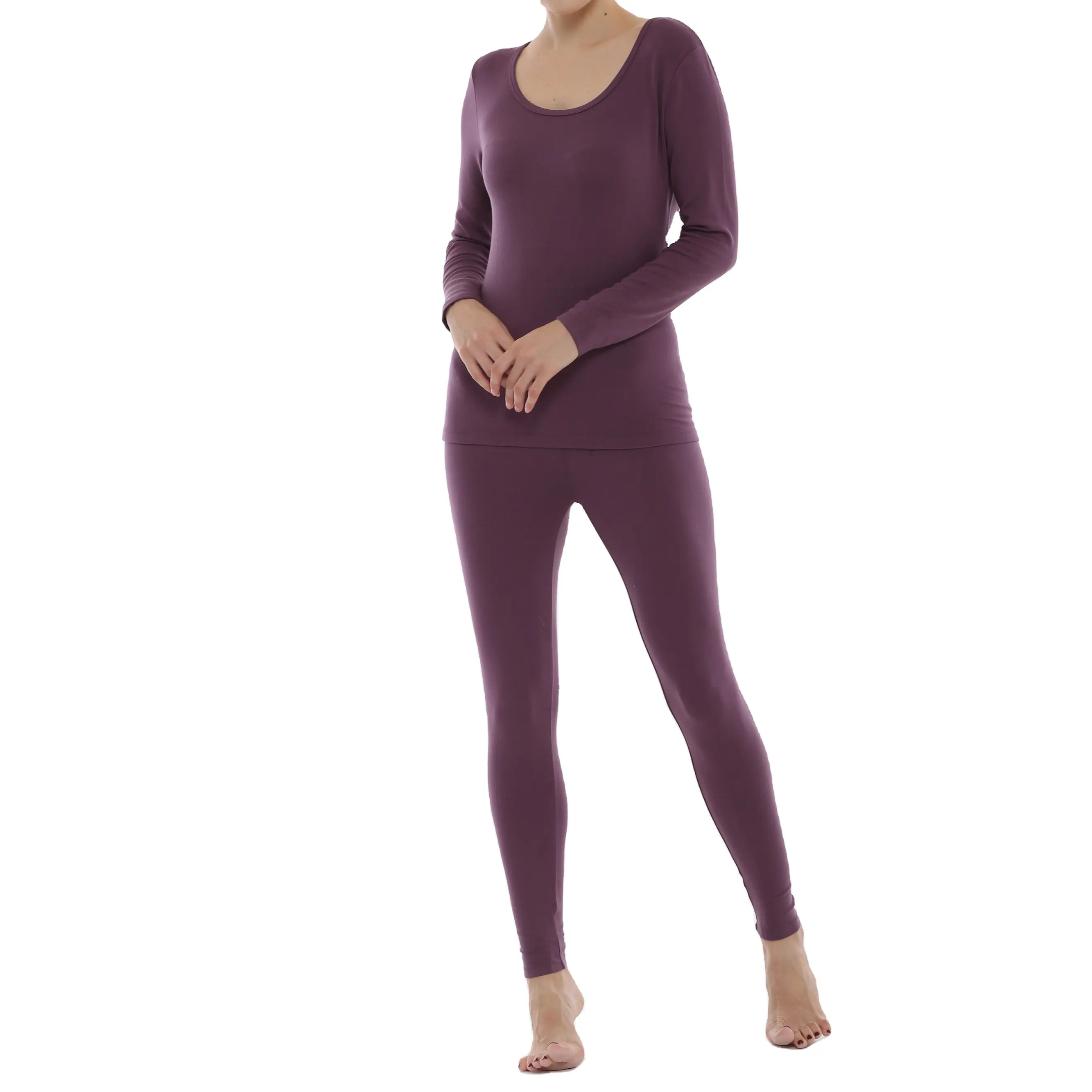 Fashion Soft Cozy Long Sleeve Shirts Underwear Set Lingerie Set Long Johns Women RC Fiber & Spandex Purple