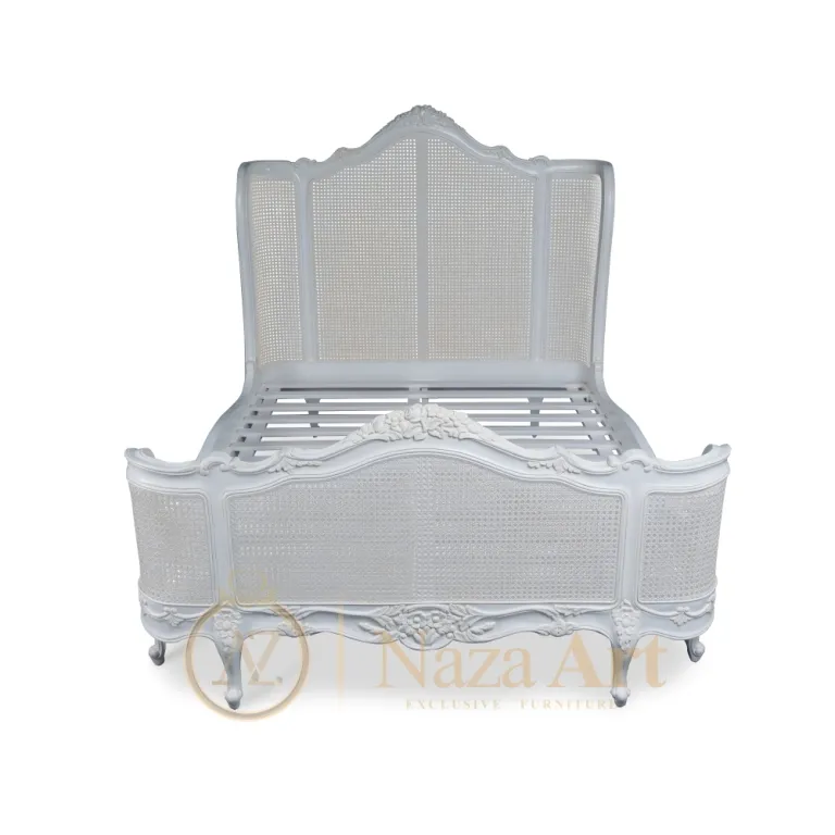 French Style Rattan Bed King Size Bedroom Frame With High Quality Solid Wooden