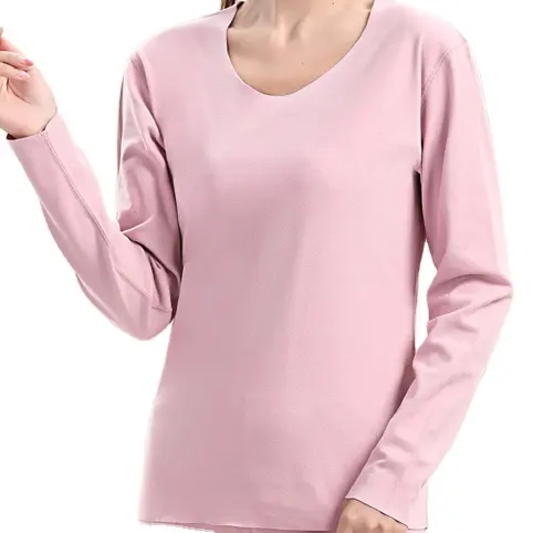Women Thermal Flexible Cozy Round Neck Double-face Fleece Underwear Set Loungewear With Long Sleeve Shirt and Pants Pink