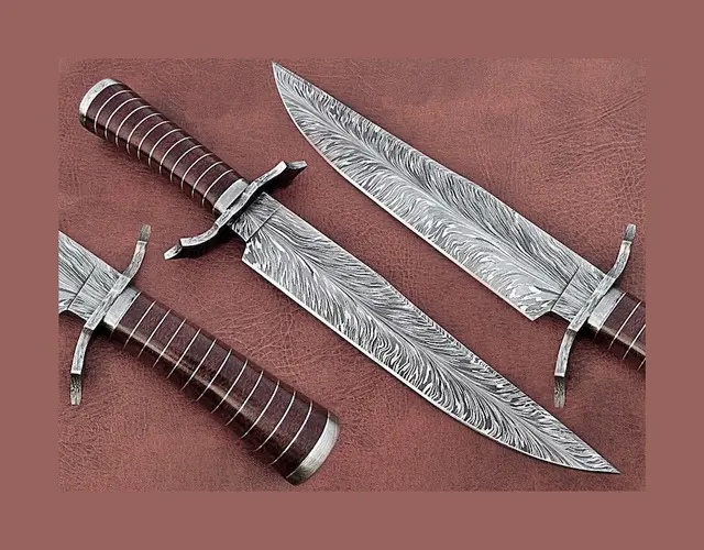 Нож-Боуи ручной работы из дамасской стали с деревянной ручкой и тонкой кожаной оболочкой, наружный нож, оптовая продажа