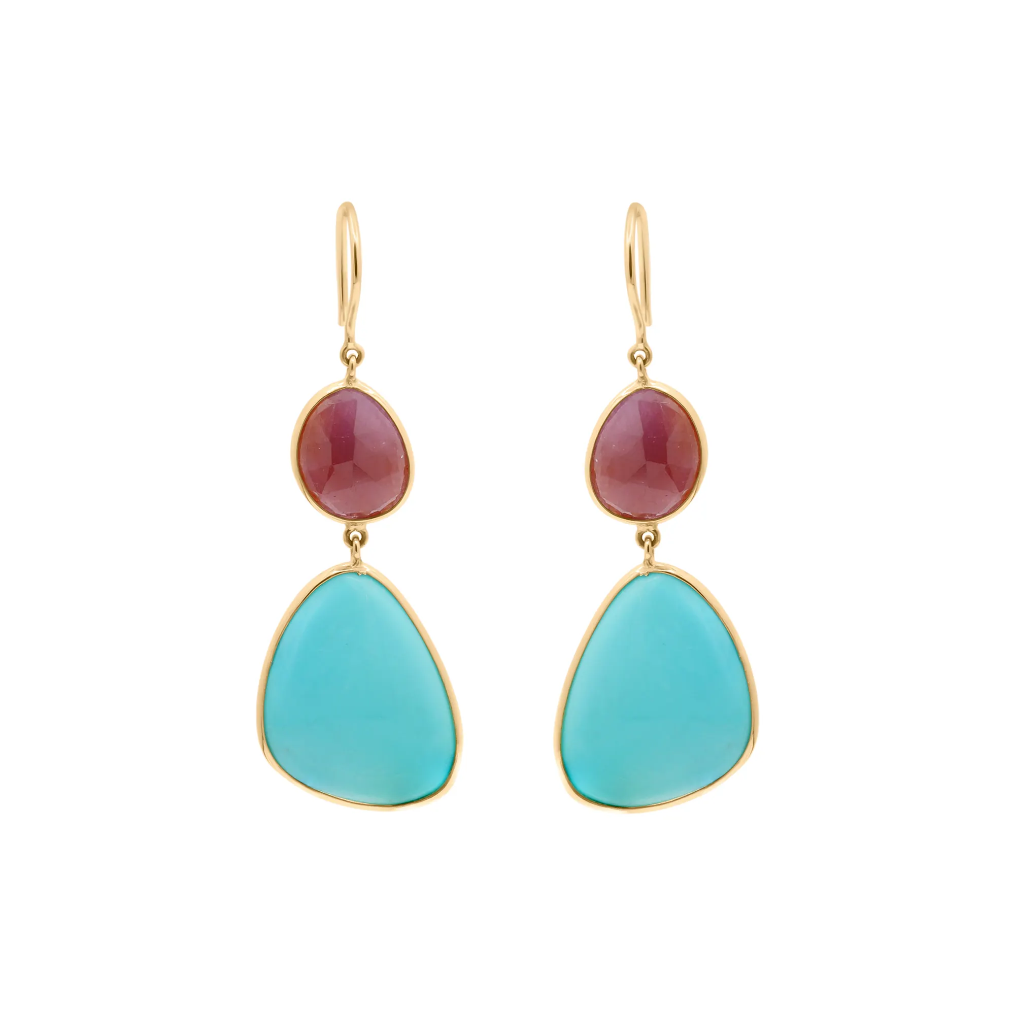 Beautiful Turquoise & Ruby Genuine Gemstone Drop Earring 18k Solid Yellow Gold Earring Christmas Jewelry For Women Best Gift