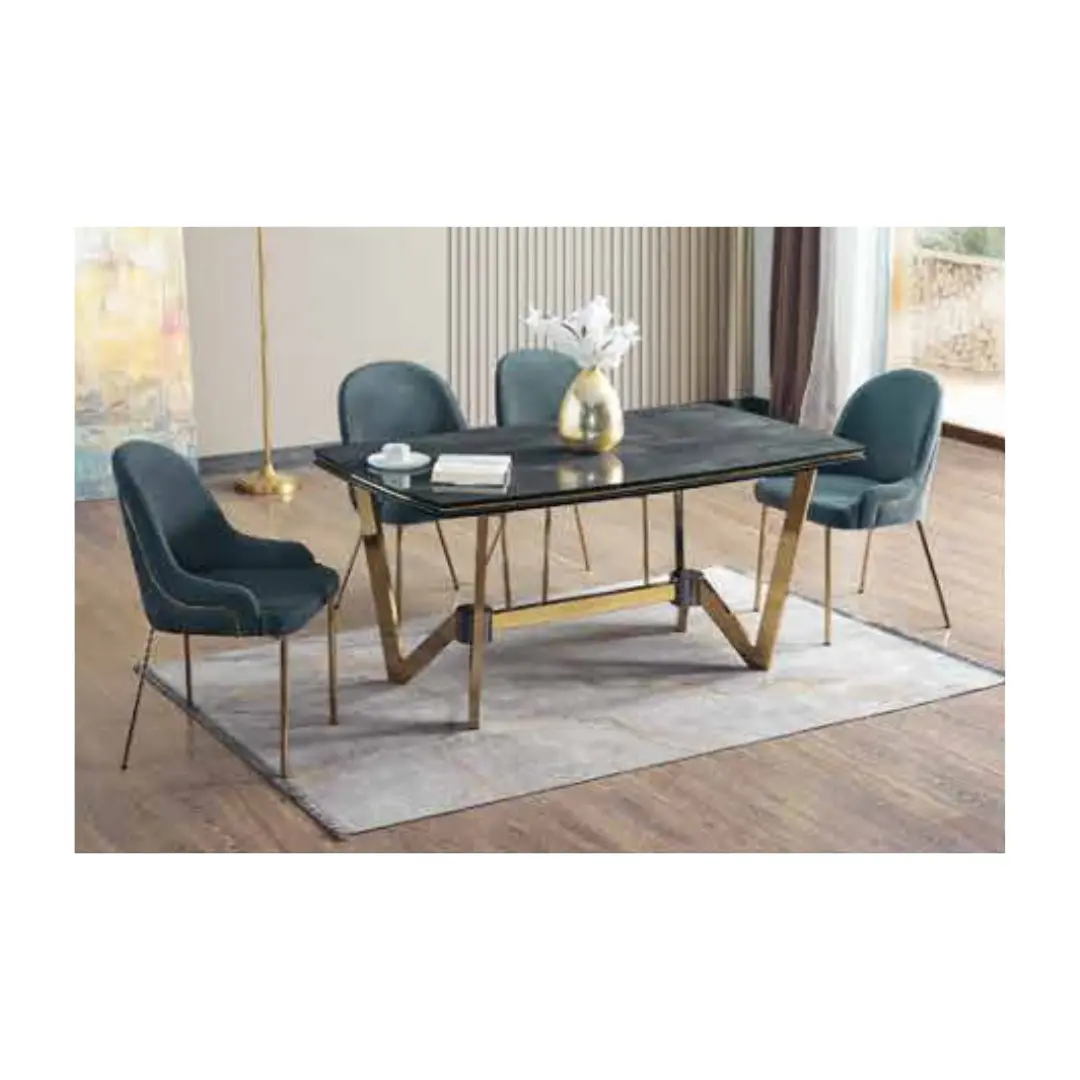Mesas y sillas de comedor de acero inoxidable de diseño único de lujo, juego de mesa de comedor rectangular moderno 4 + 1 de mármol hecho en Turquía