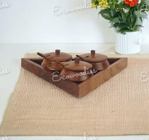 Tay-Crafted trang trí tam giác bằng gỗ nồi/container/haandi với nắp đậy cho nhà bếp Nhà hàng Món Ăn Bát cho bảng - Product Image 1