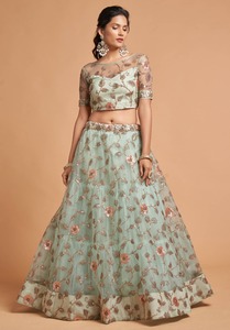 Özel yeni tasarımcı Firoji renk Modern hint Lehenga Choli bluz yumuşak Sari ağır Net dizisi nakış düğün partileri - Product Image 5
