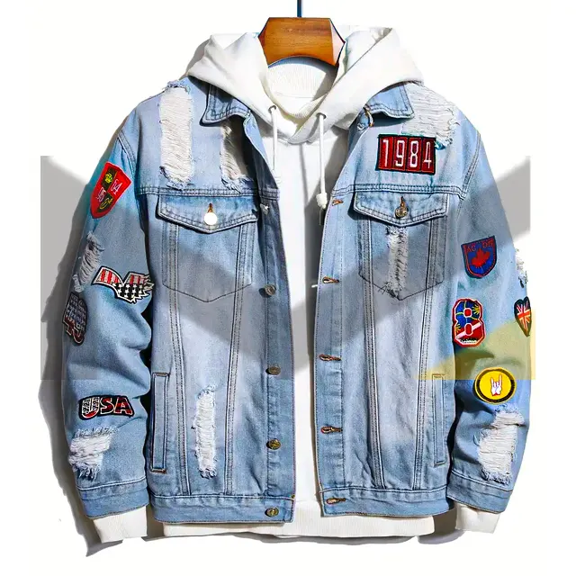 Mens Badge Patches Denim Jacket Streetwear Patchwork denim jacket Ripped Denim Outerwear