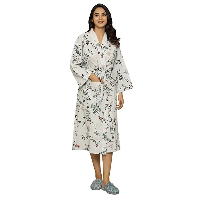 Cotton T-Shaped Printed Kimono Robe Light Weight Sleepwear for Women White Sleepwear Cardigan Dress Kimono