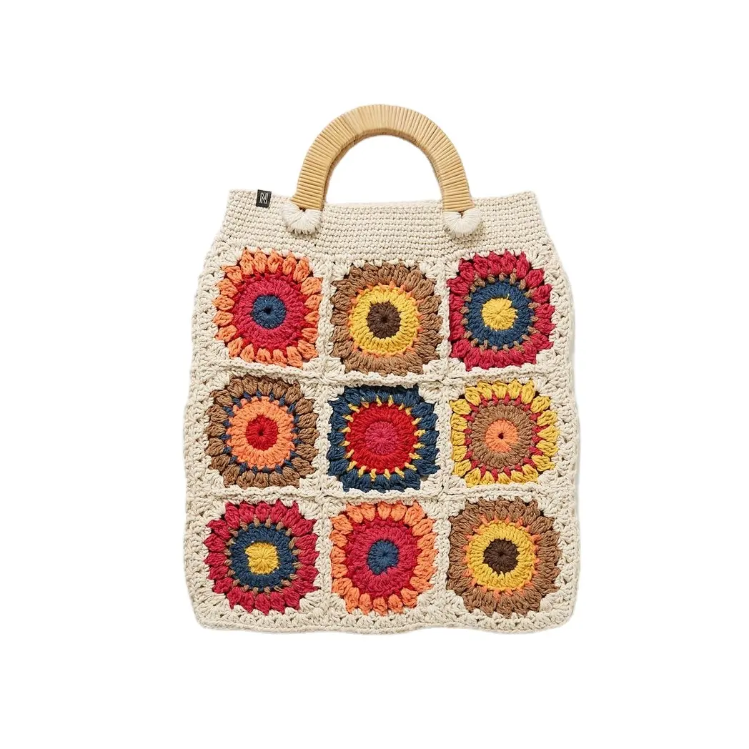 Bolso de ganchillo cuadrado hecho a mano, ecológico, diseño de flores de colores, bolso de mano, regalo de Navidad