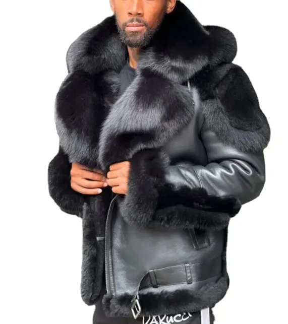 काले पुरुषों चमड़े के कोट, आउटडोर सर्दियों के नकली फर कॉलर जैकेट गर्म कोट पुरुषों के लिए गर्म कोट