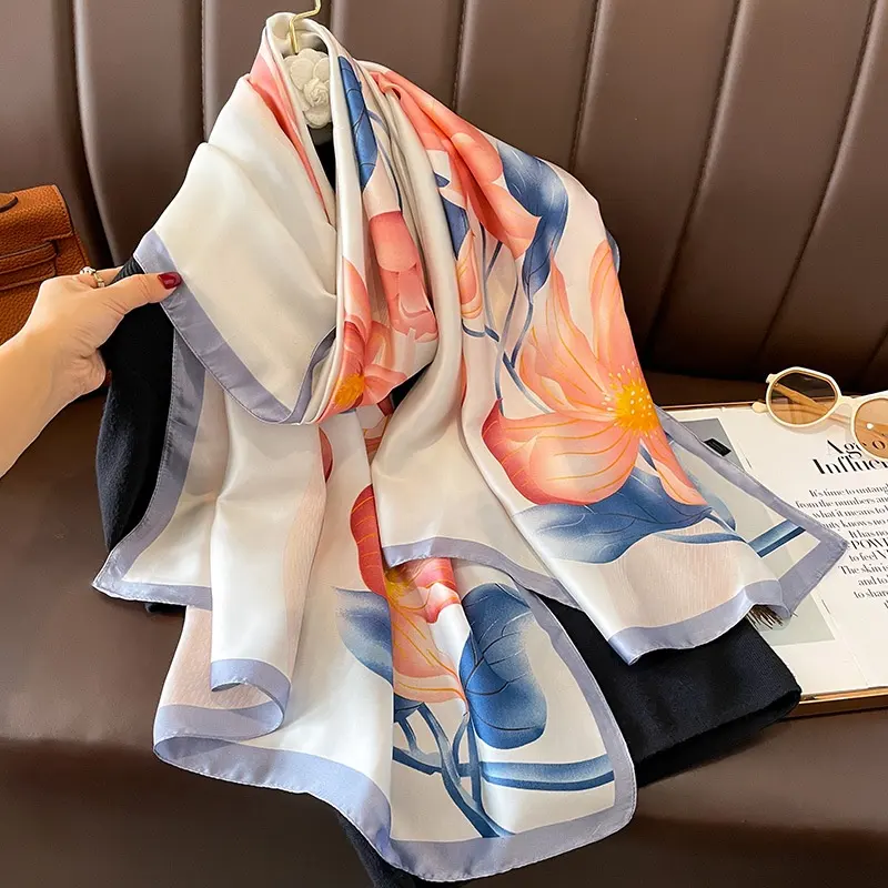 Lenços de grife femininos de moda por atacado, lenço longo personalizado de marca de luxo, lenço de seda turco