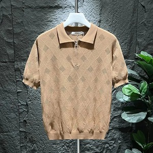 メンズ人気の夏用アイスシルクTシャツ2024クラシックレトロ半袖ポロシャツ毎日固体グリッド静脈新しいスリムフィット - Product Image 5
