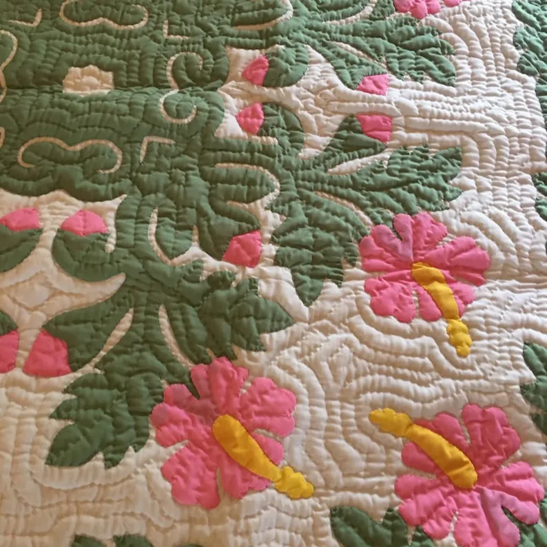 100% trapunte hawaiane ricamate a mano rosa ibisco verde coperta per bambini trapunte tessute a mano con ricamo intricato all'ingrosso