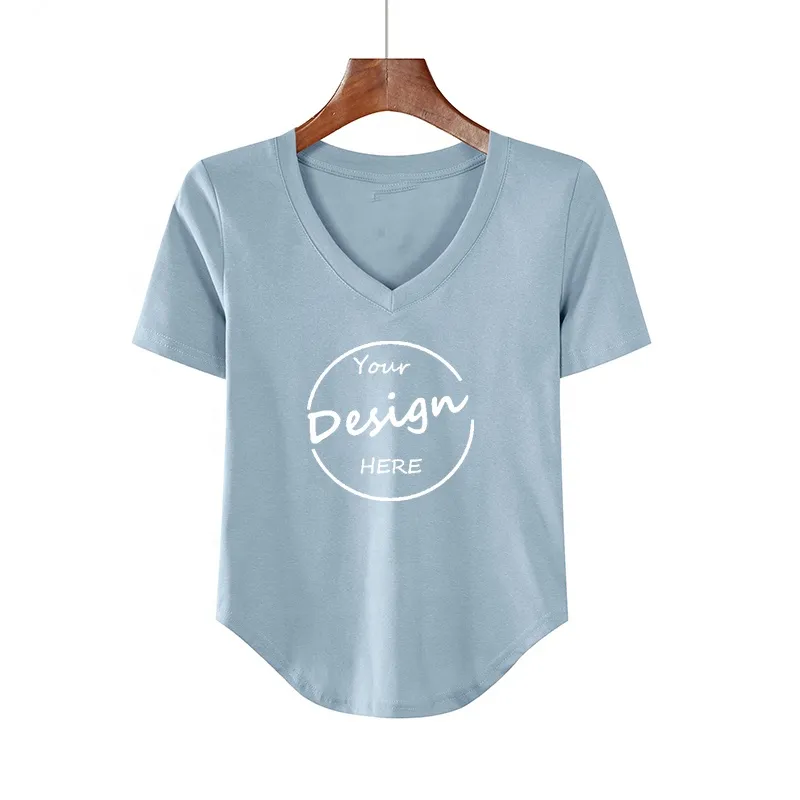 Camiseta 100% algodão para mulheres, camiseta de manga curta com gola V e ombro, material de secagem rápida e de alta qualidade, personalizada