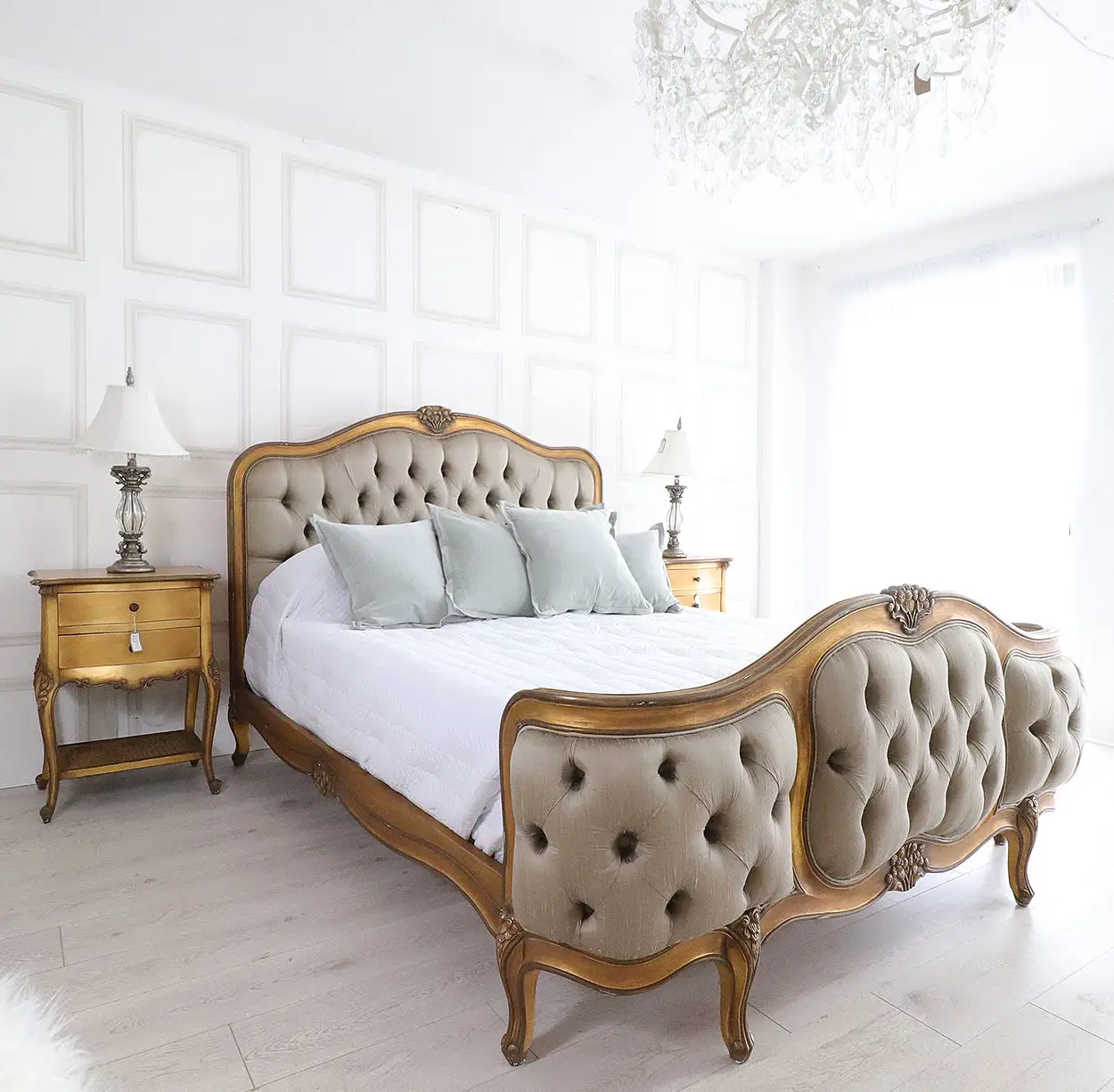 Moldura de cama estofada francesa em ouro - Molduras de madeira para cama estilo europeu para móveis de quarto