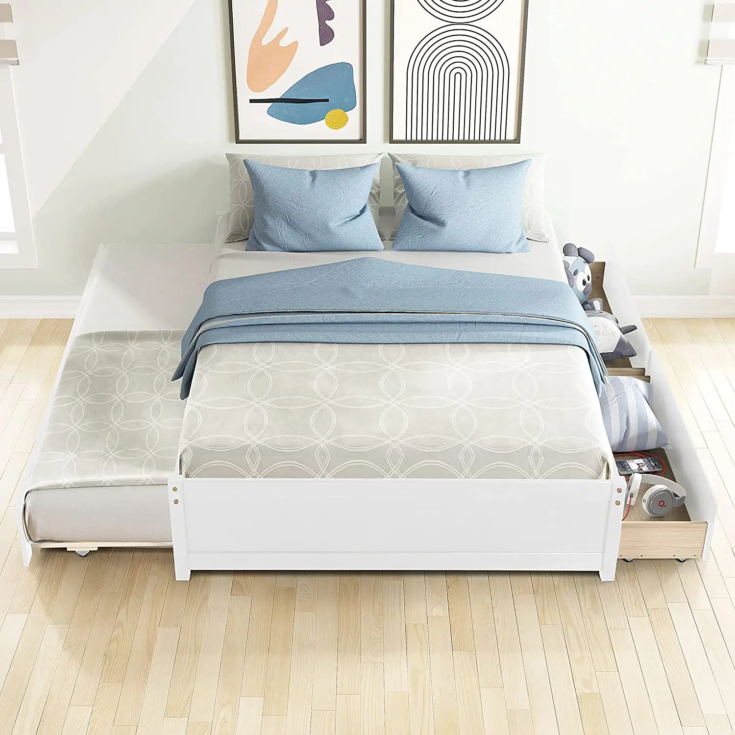 Estructura de cama de plataforma de tamaño completo con cama nido de tamaño doble, 2 cajones de almacenamiento y listones de madera para niños