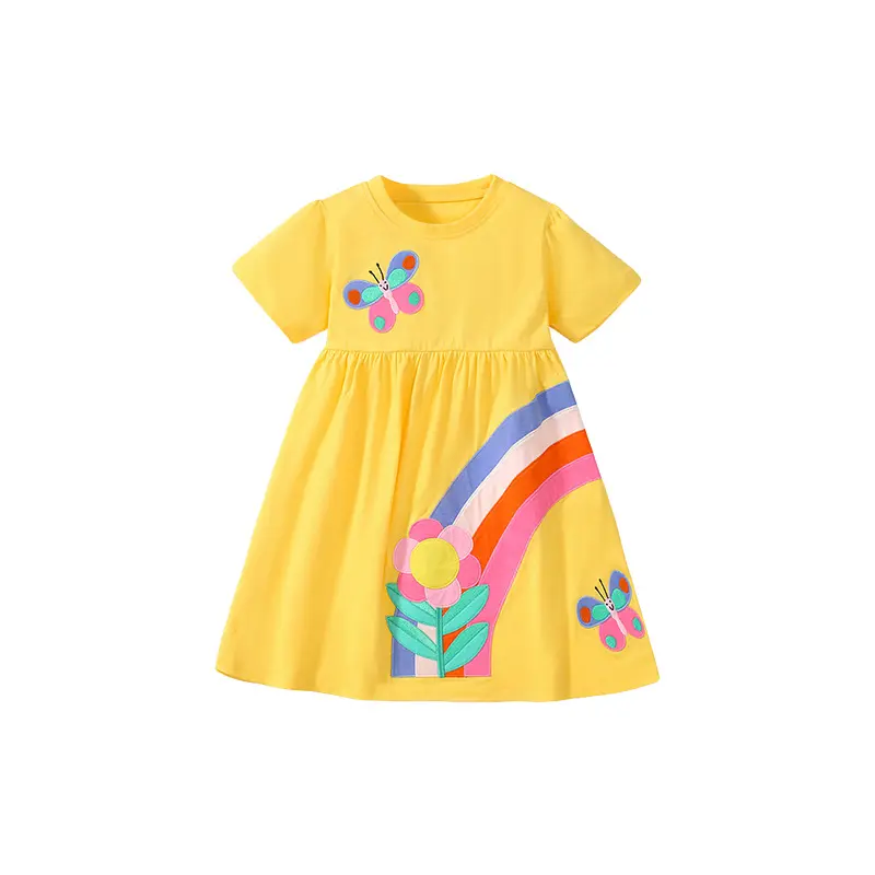 2024 verano última alta calidad al por mayor 100% algodón amarillo Arco Iris letras niño niños vestido manga corta falda